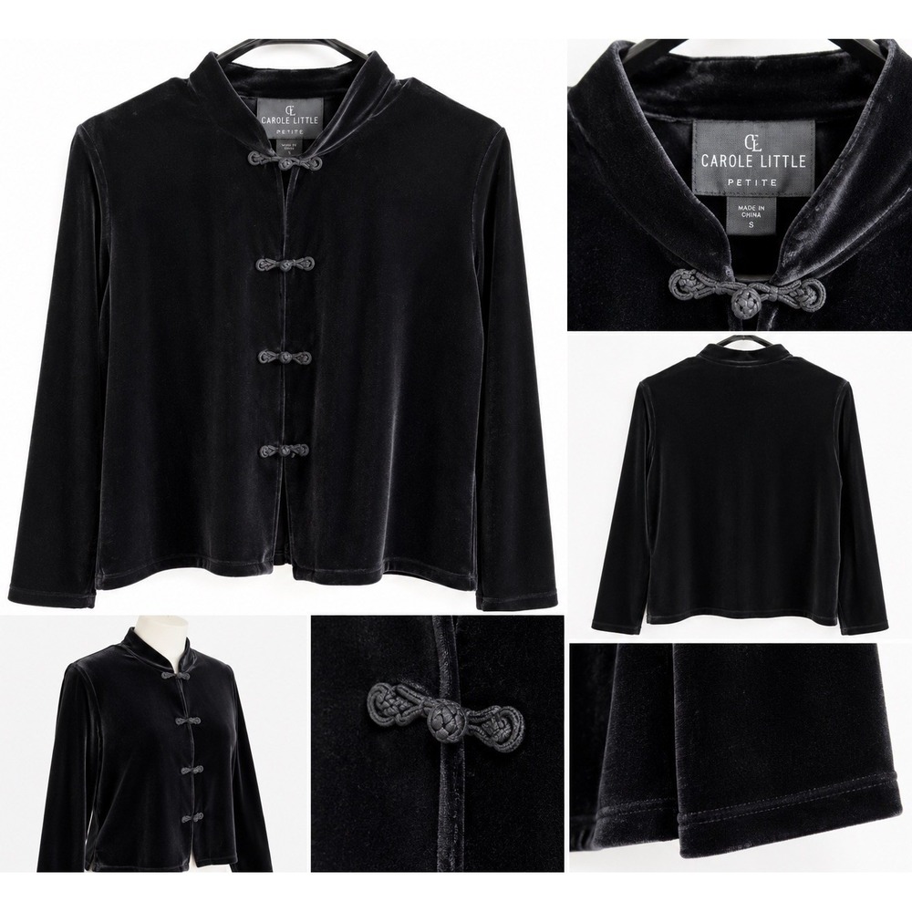 Carole Little Womens M Black Velvet Top Mandarin Collar Frog Closure Long Sleeve
